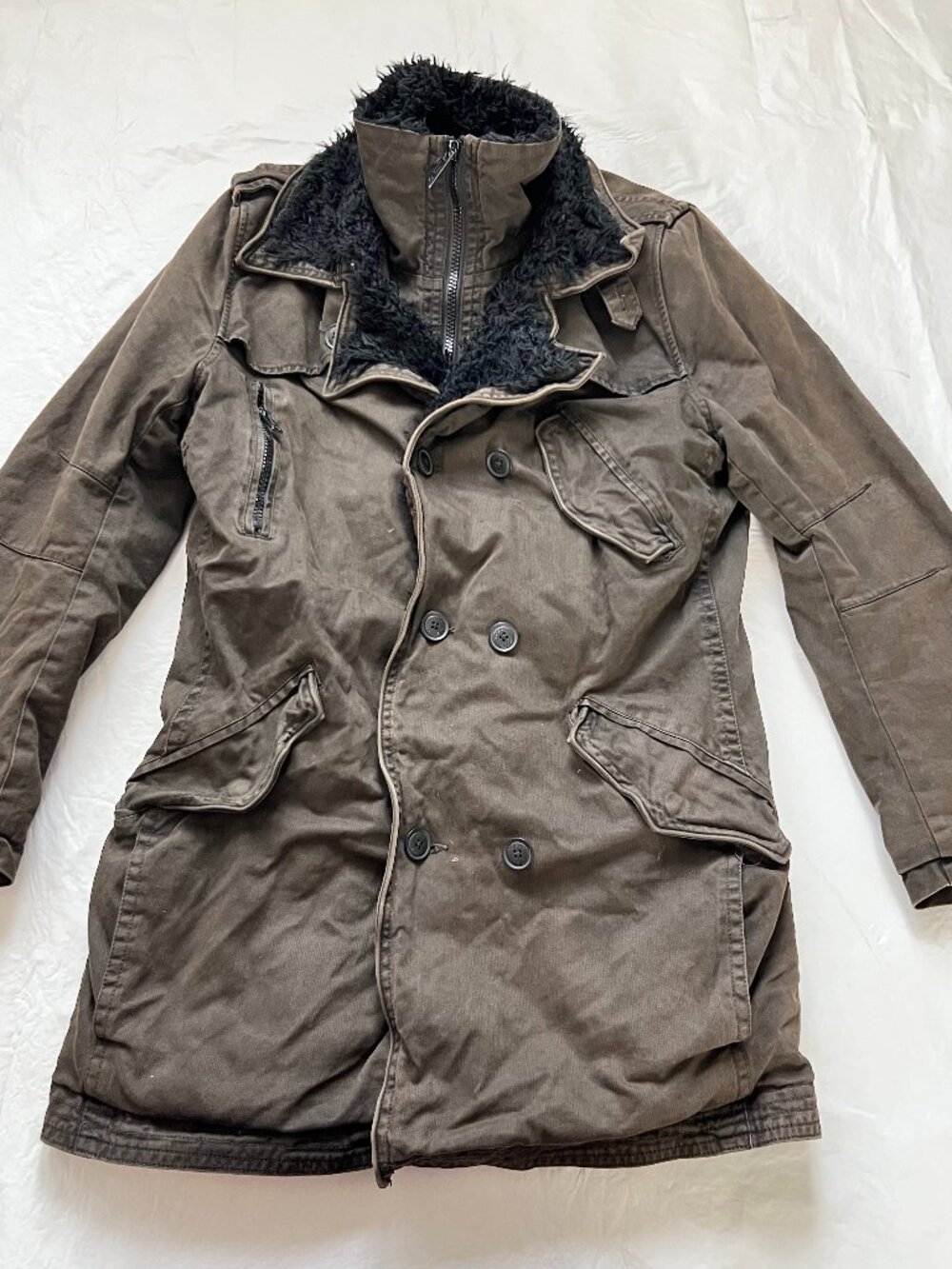 Rogue military style coat mens Medium brown gray canvas faux fur lining zipper